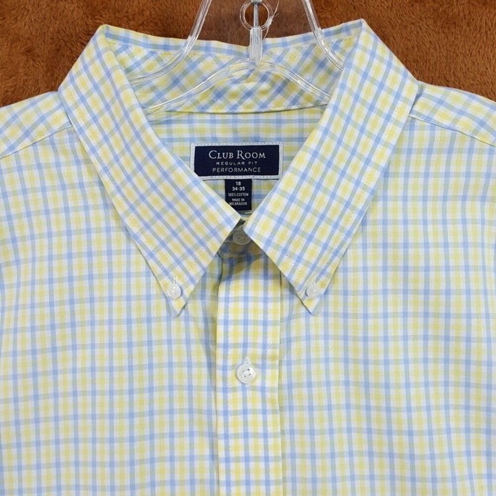 CLUB ROOM Dress Shirt Mens Size 18 34 35 Blue Yellow White Plaid Check Pocket